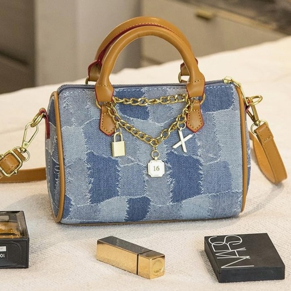 Denim patchwork mini barrel bag with charms and vegan leather handles - Picture 1 of 4